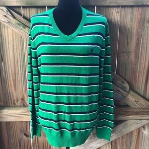 American Eagle Outfitters Green, Navy & White Stripe Long Sleeve  V-Neck Sweater